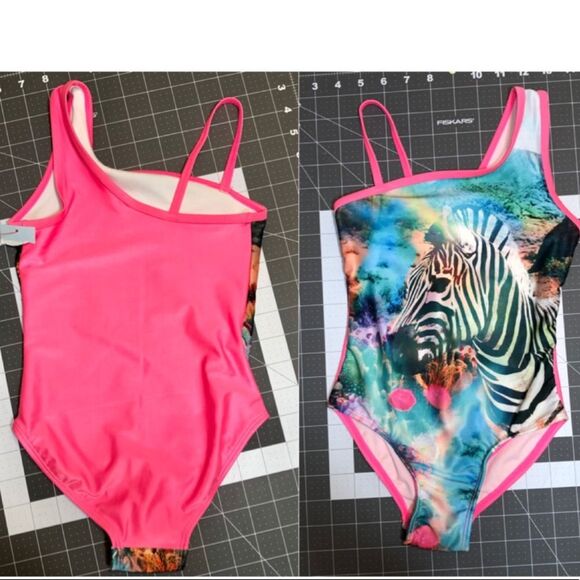 NWT Cat &Jack Zebra One-Piece Girl’s Bathsuits Swimsuit Multicolor Pink Teal 4/5 - Picture 5 of 13
